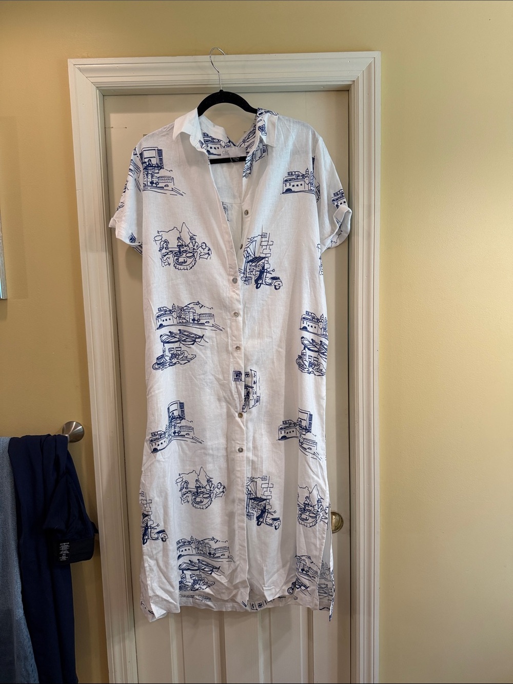 C&C Button-Front White and Navy Printed Shirt Dress